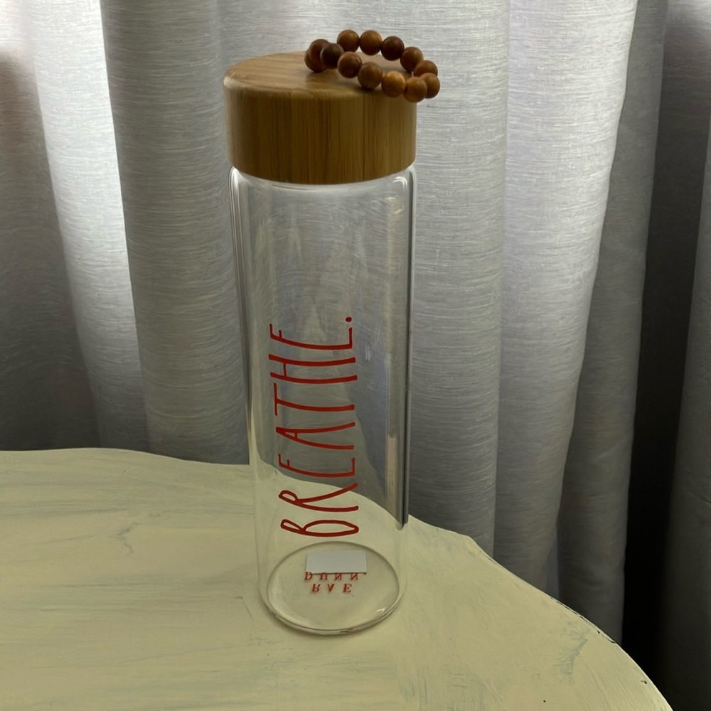 Rae Dunn BREATHE 10” glass wood top water bottle NWT